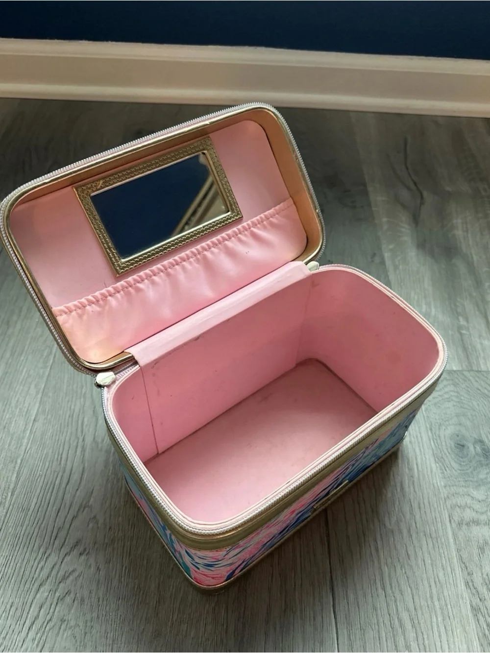 Lilly Pulitzer Gold Trim Cosmetic Pouch with Pink, Blue & Aqua Print